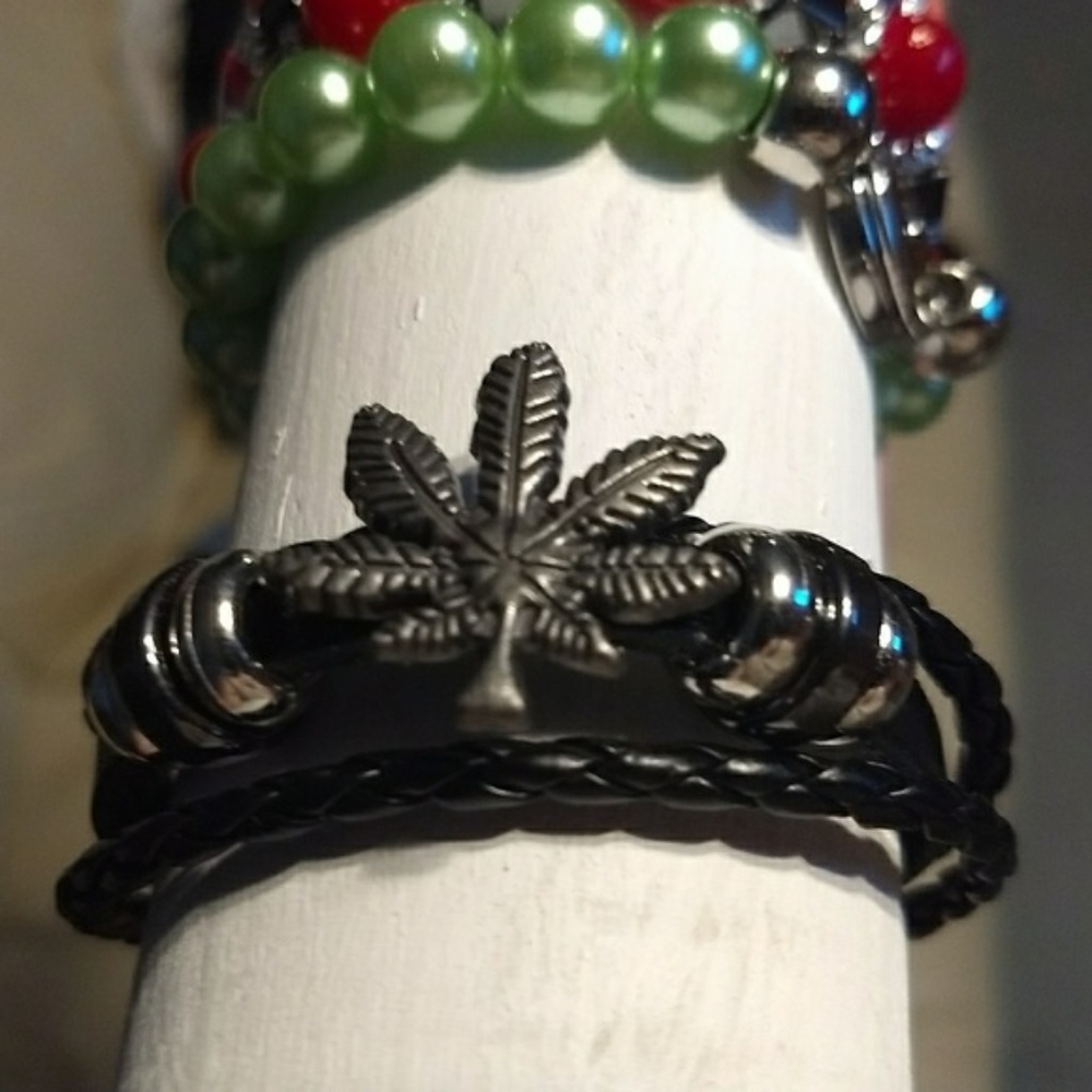Leather Pot Leaf Bracelet - Titanium Jewelry Party